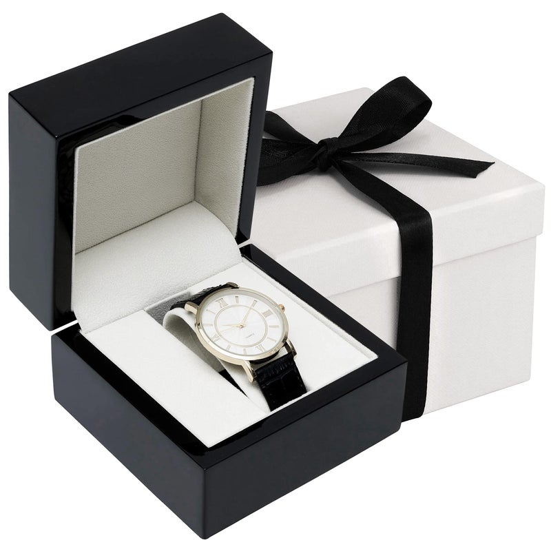 Noble Pack Noble Piano Wood Watch Gift Box - Luxury Single Watch Box - Comes with a Two Piece Packer and Ribbon (Black) - Image 1